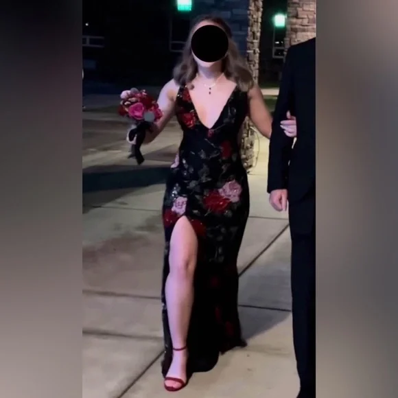 Sherri Hill Black Gown with Red and Pink Floral Sequin Embroidery - Picture 2 of 4